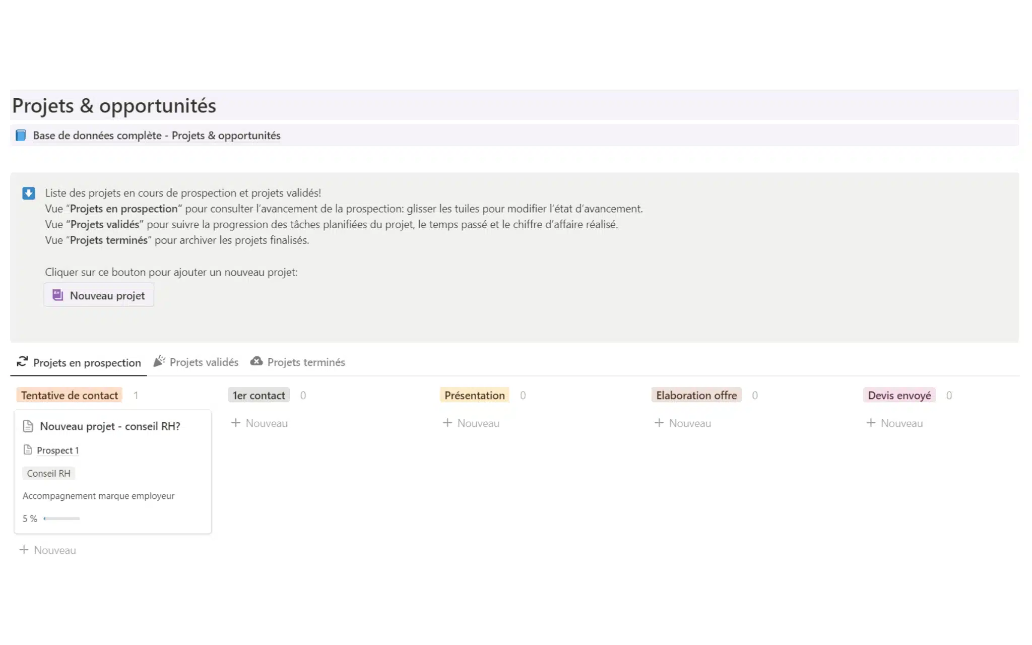 Modèle Notion pour les freelance page suivi facturation