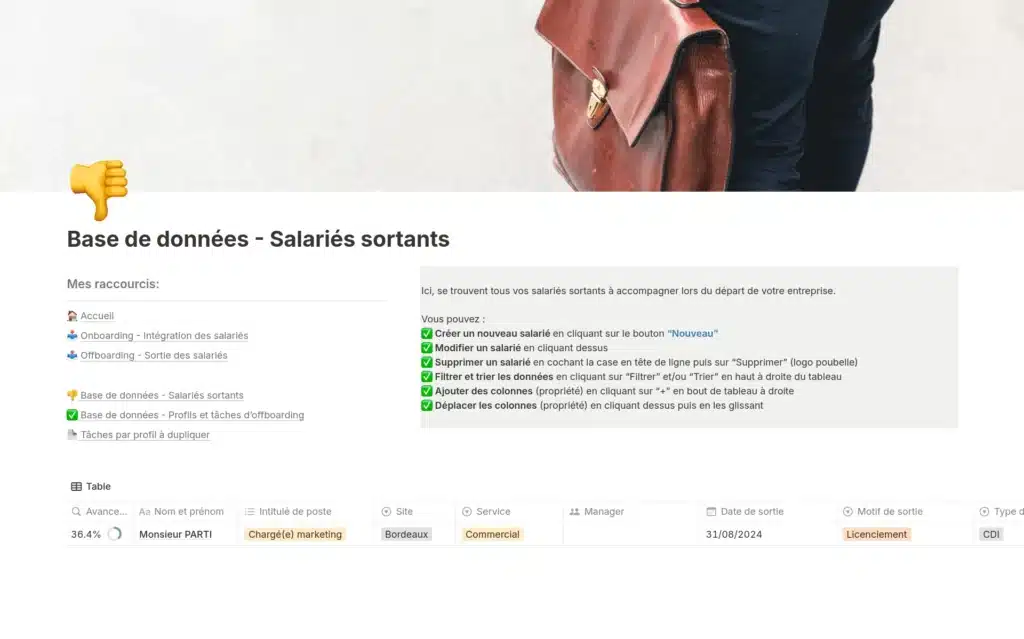 Modèle Notion pour les RH : onboarding et offboarding page de suivi des salariés