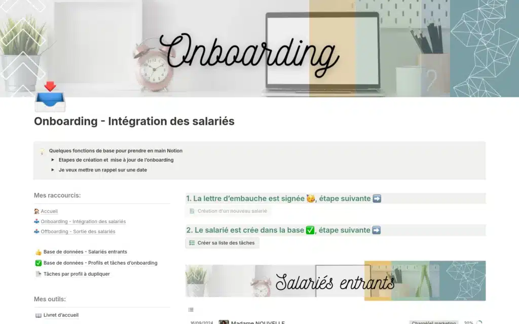 Modèle Notion pour les RH : onboarding et offboarding page d'accueil onboarding