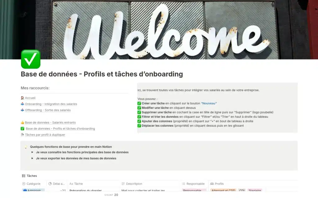 Modèle Notion pour les RH : onboarding et offboarding page de gestion des profils