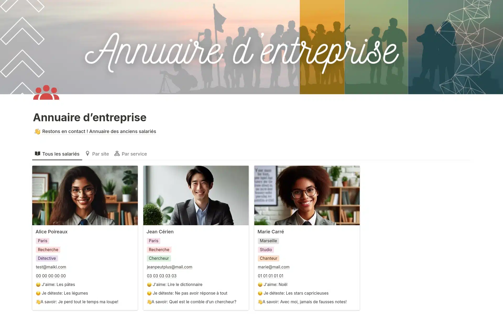 Modèle Notion pour les RH : onboarding et offboarding page annuaire d'entreprise