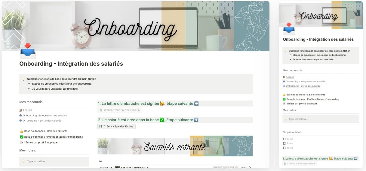 Tableau de bord de suivi de l'onboarding sur Notion.