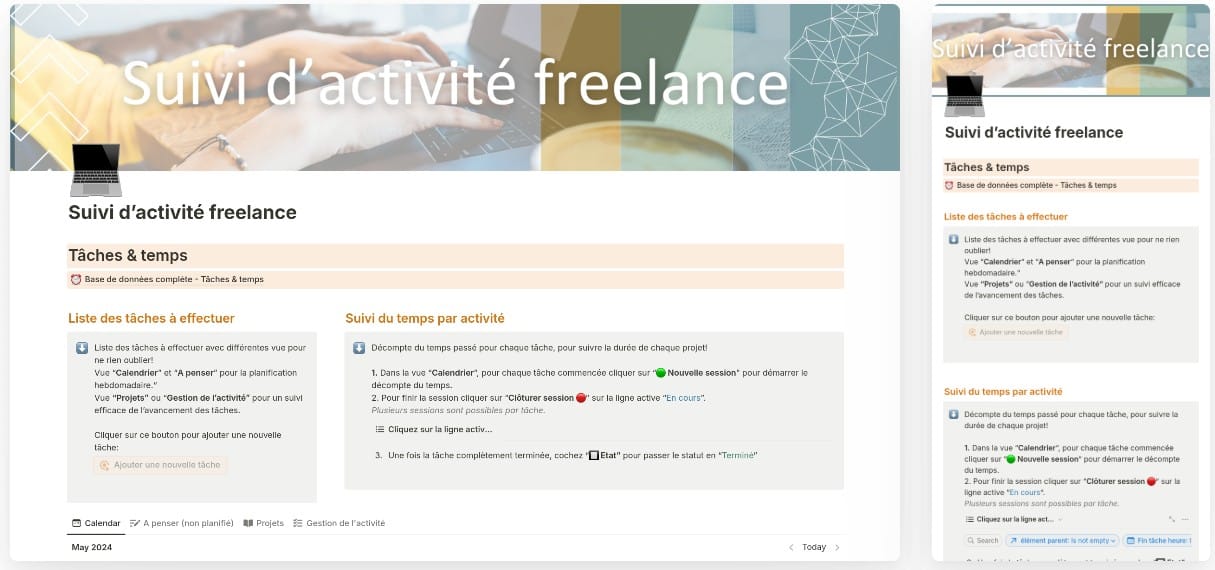 Tableau de bord pour la gestion de l'activité freelance avec Notion.