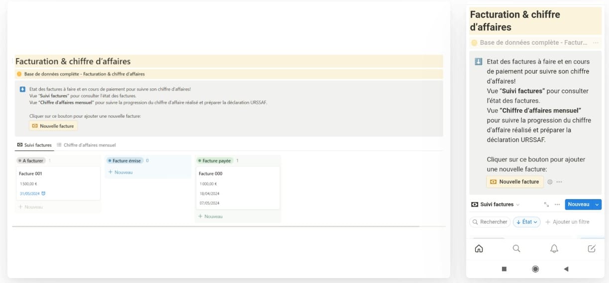 Module suivi de facturation du modèle de gestion freelance Notion.