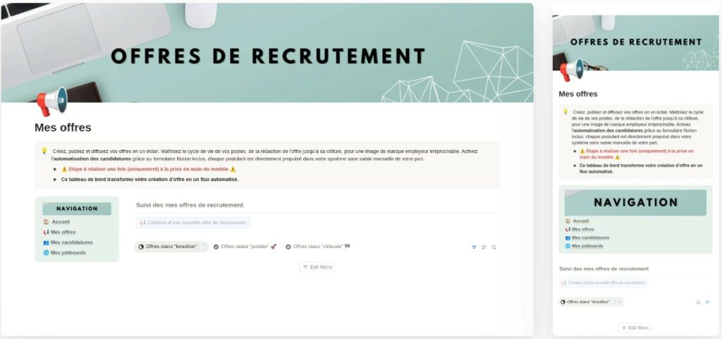 Pilotage des offres de recrutement sur Notion : création, rédaction et publication