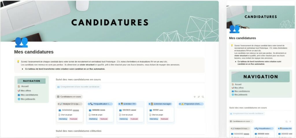 Visualisation de chaque candidature  et gestion du vivier de profil qualifiés sur Notion tout en respectant le RGPD.